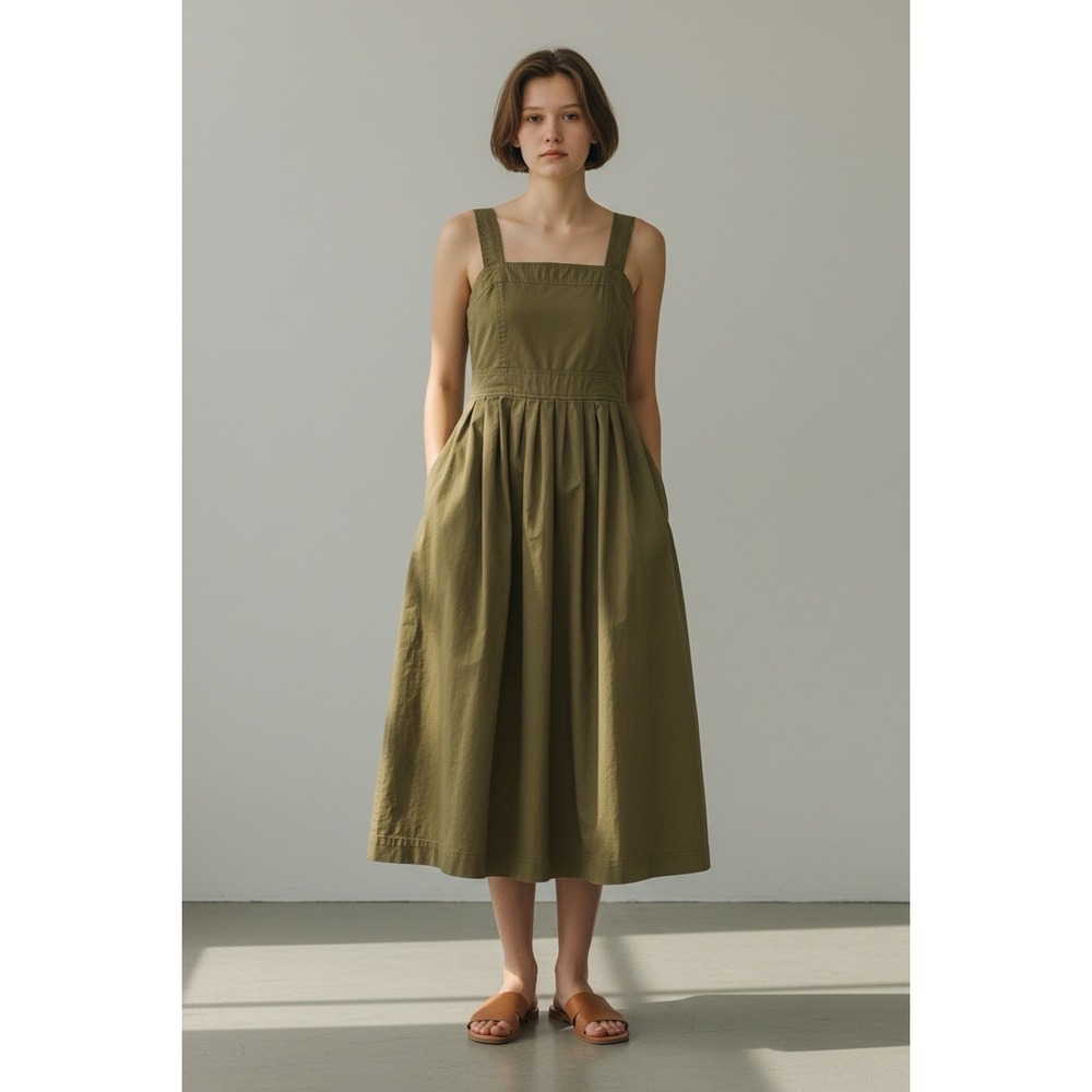 Knox Rose Square Neck Sleeveless Midi Dress Medium Olive Green Smocked Pockets